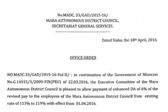 Office Order Da Of 6 Of The Revised Pay To Employees Of Madc Madc Siaha Mara Autonomous 